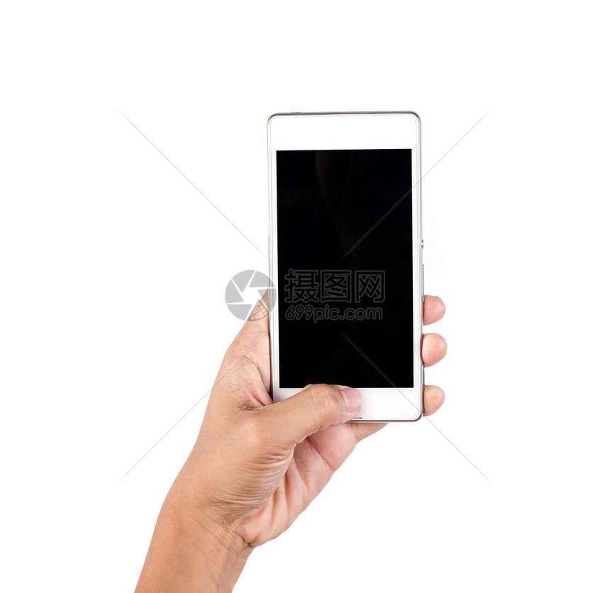一个女人在手机上打字的特写镜头被隔离在白色背景上图片