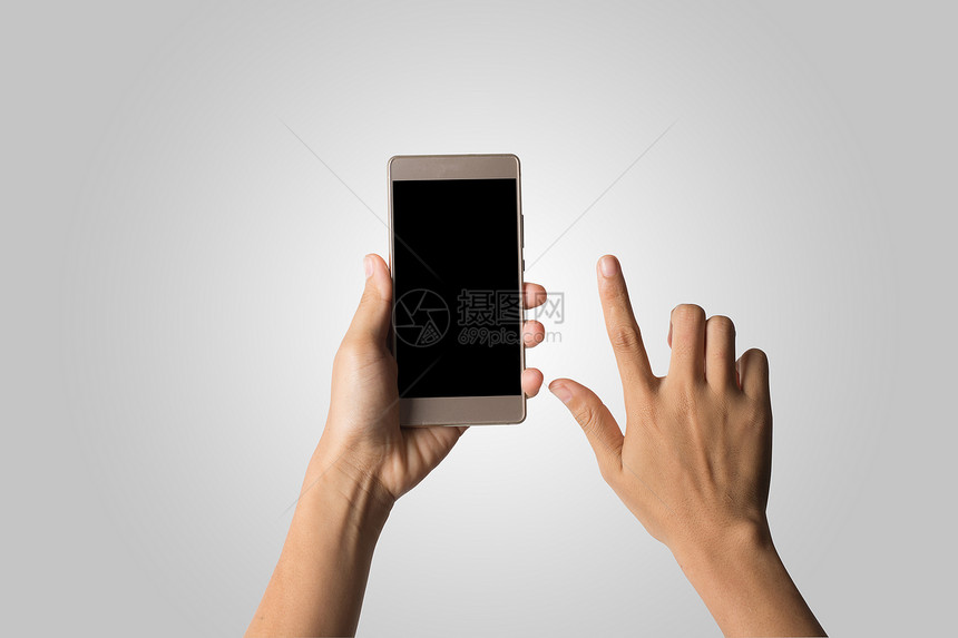 女人手拿着智能手机空白屏幕复制空间手持智能手机在白色图片