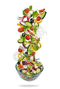 白种背景孤立的飞行蔬菜希腊色拉健康饮食和生活方式非常高分辨率图像图片