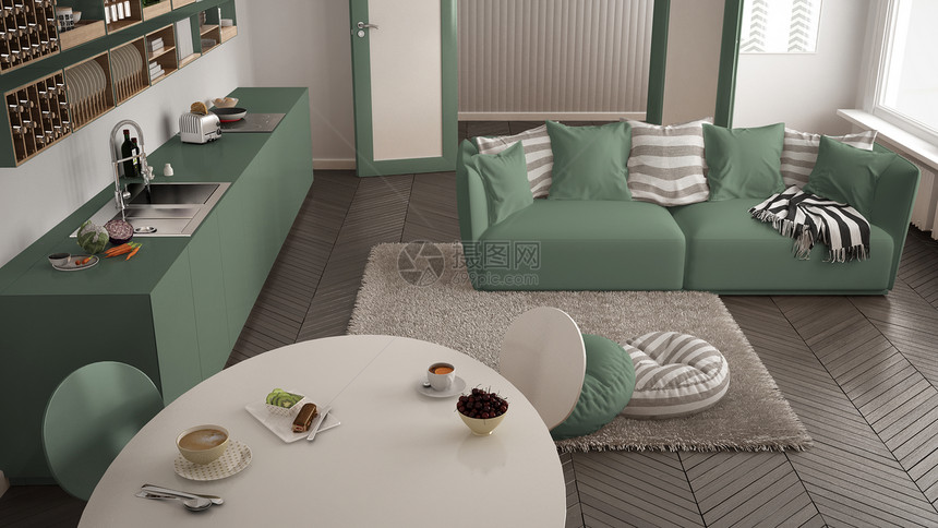 在现代扫描型厨房客厅沙发和大窗户顶视窗白色和绿色建筑室内设计中图片