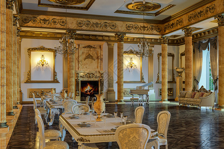 舞厅和餐厅是经典风格的内置黄色和米图片