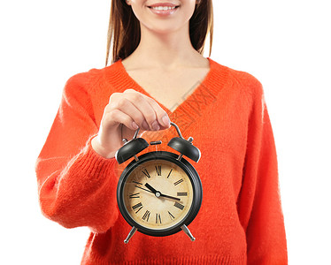 白色背景的时钟妇女时间管理图片
