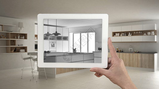 手持平板电脑显示厨房素描或绘图图片