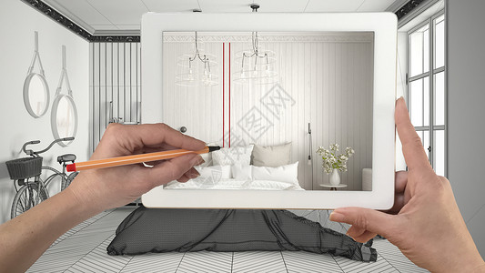 手握和用平板图画显示真正完成扫描的波底那维亚白色卧室图片