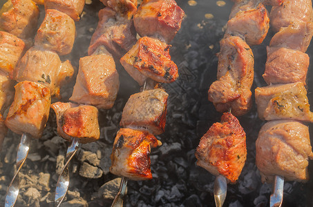 多汁的猪肉在阴燃的碳上户外烹制图片