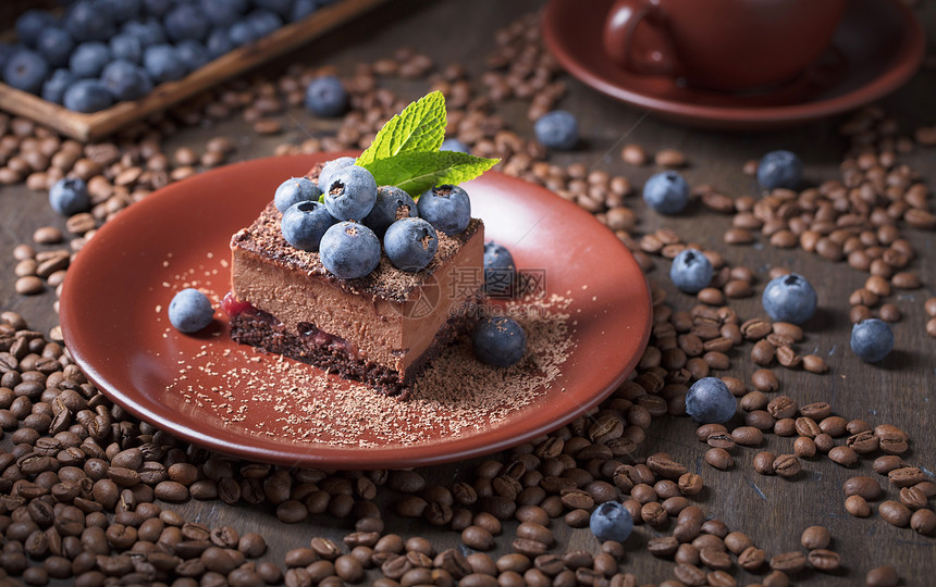 巧克力蛋糕蓝莓和薄荷图片