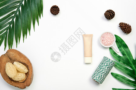 绿叶背景上的化妆品奶油瓶空白标签包装和成分的样机自然美图片