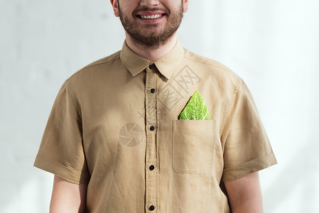 在口袋里用香肠卷心菜叶的素食生活方式概念拍着微笑的男图片