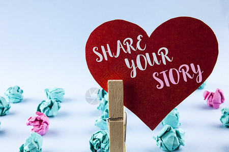 手写文本分享您的故事概念意义讲述个人经历谈论自己讲故事用纯背景纸球在图片