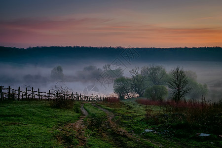 乌克兰村庄的早晨湖边雾气弥漫图片