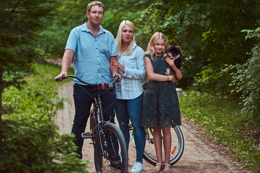一个有吸引力的家庭穿着休闲服骑着他们可爱的小斯皮茨狗骑自行车图片