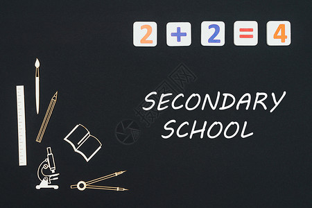 概念一流学校带木制微型学校用品和黑色背景小学数图片