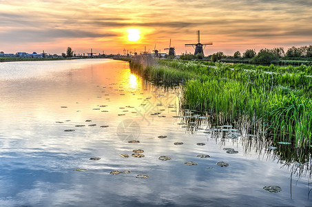 低太阳在运河的平静水域中反射图片
