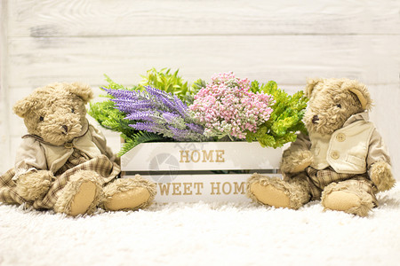 木箱里的花和可爱的肥熊图片