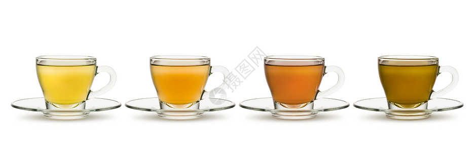白色背景玻璃杯中的各种茶和草药茶图片