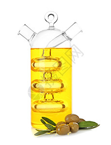 白色背景中的玻璃瓶油和橄榄罐头图片