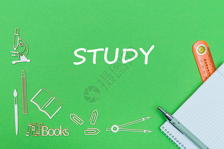 概念学校文本研究学校用品木制微型模带尺子的笔记本和绿色图片