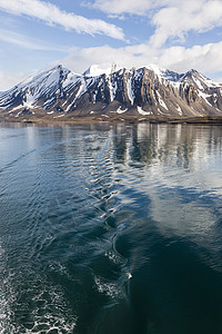 从一艘船到雪山水里有波浪在挪威图片