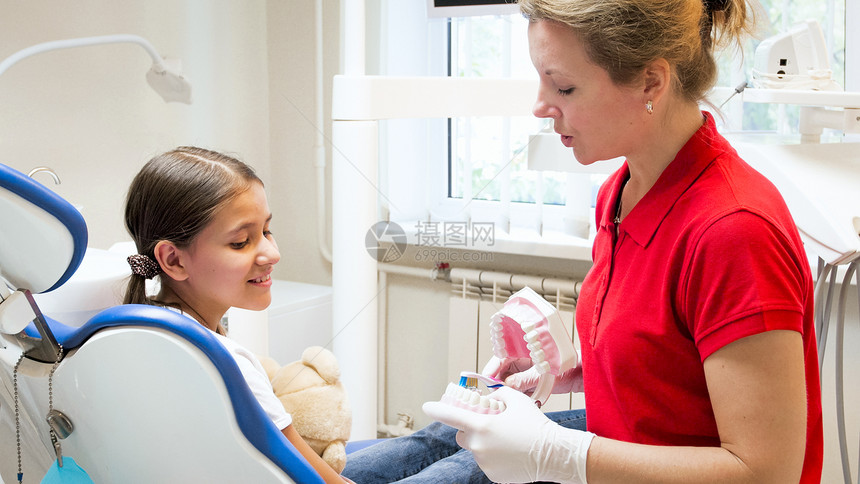 牙医教小女孩用刷子清洁牙齿图片
