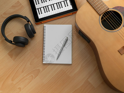 音乐创作工具耳语吉他笔记本电子平板和纸在木制背景背景图片