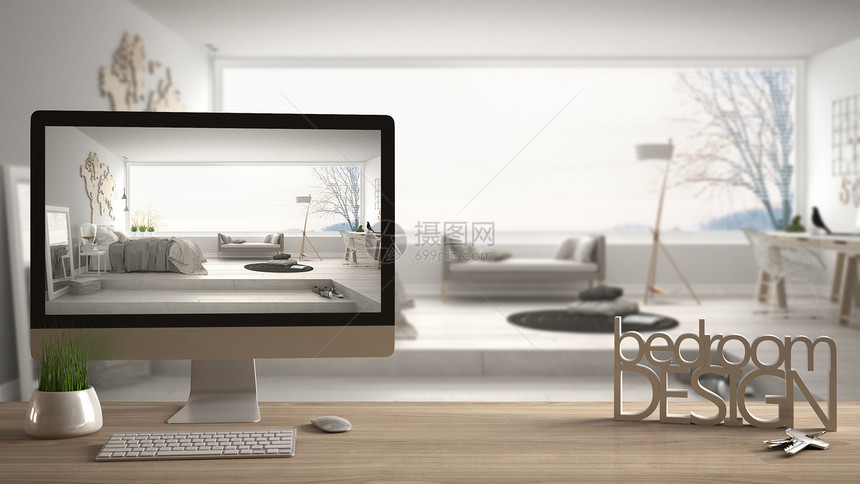 建筑师设计师项目概念带钥匙的木桌3D字母制作文字卧室设计和桌面显示草稿背景模糊空图片