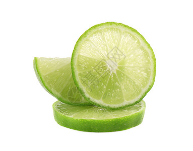 在白色背景上隔离的绿色柠檬水果片状绿色石灰柑橘图片
