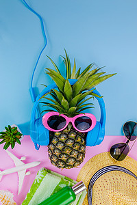 时尚菠萝明亮的夏日色彩沙滩服配饰套装创意艺术热带水果图片