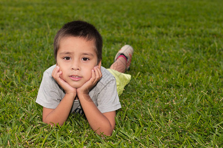 小男孩躺在草坪上的绿草地上图片