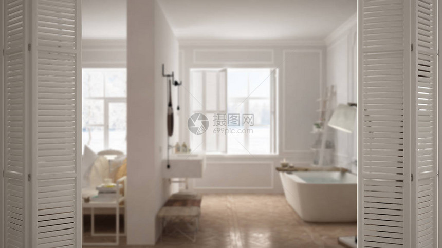 现代斯堪的纳维亚卧室设有白色折叠门图片