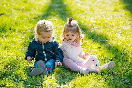 姐和弟坐在绿草地上女孩和男孩在阳光明媚的日子玩具马孩子图片