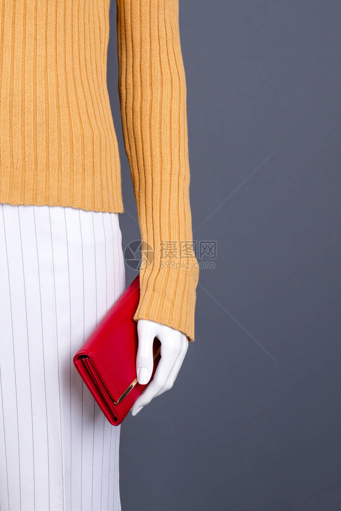 穿红色皮夹的女模特儿穿毛衣裤子和钱包的妇图片