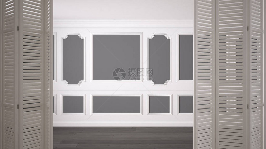 白色折叠门在经典的空旷间上打开图片