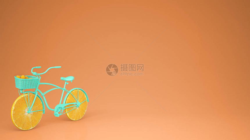 具有切片橙色轮子健康生活方式概念和橙糊背景复制空间的图片