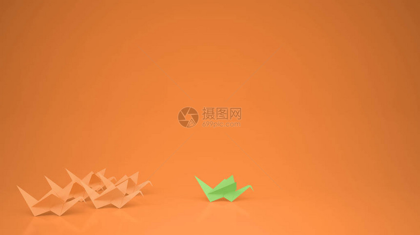 Origami绿色纸鹤领头起重机具有复制空间的领导能力动概念构想图片