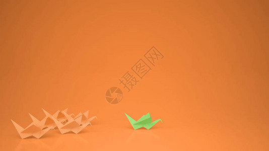 Origami绿色纸鹤领头起重机具有复制空间的领导能力动概念构想图片