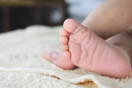 轻地关注新生的幼小婴儿脚并图片