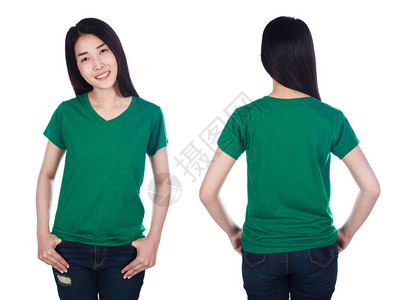 妇女穿着绿色T恤衫白图片