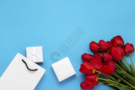 白色礼品袋和蓝色背景上的白色礼品盒中的一束鲜红郁金香图片