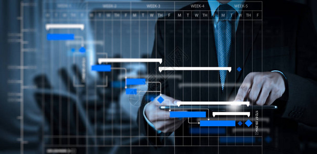 项目经理工作和更新任务与里程碑进度计划和甘特图调度图商人手在会议室背景上使用图片