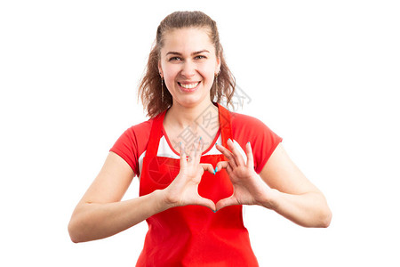 女超市工人或超市女员工以双手作为心脏形状概念的爱手表情图片