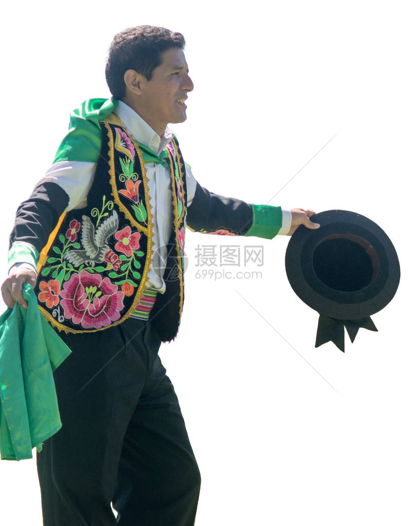 一个男子跳舞Huayno的肖像图片