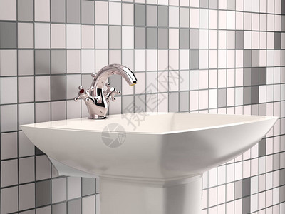 现代洗手间浴盆配有铬水龙头和瓷图片