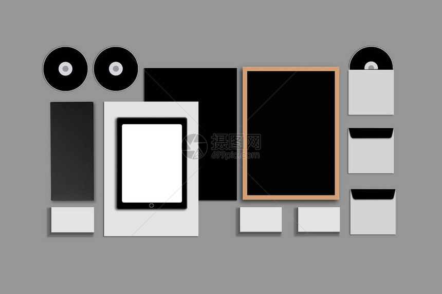 空白公司ID设置在灰色背景上包括名片文件夹平板电脑信封a4信笺笔记本闪存铅笔CD磁盘和智能手图片