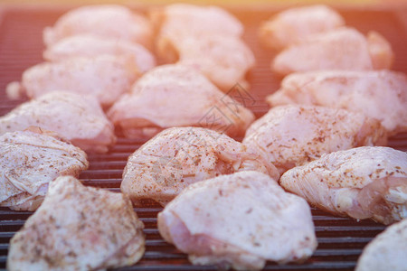 木炭烤架上的生鸡肉特写图片