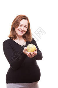 摄影演播室照片Og快乐的笑女人拿着苹果手握着苹果在白背图片