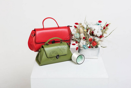 白色背景上的红色和绿色手提包和一束干花图片