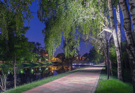 夜间风景莫斯科Meshchersky池塘沿线的道路带有反图片