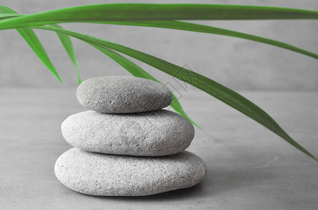 石块平衡和绿棕榈叶图片