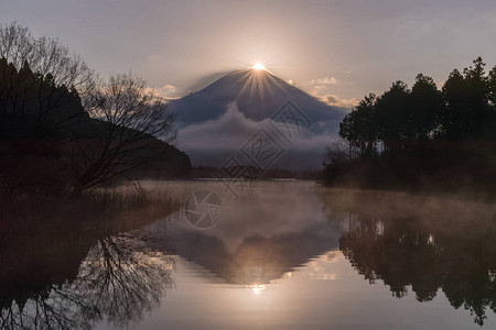 早春时节狸湖的钻石富士图片
