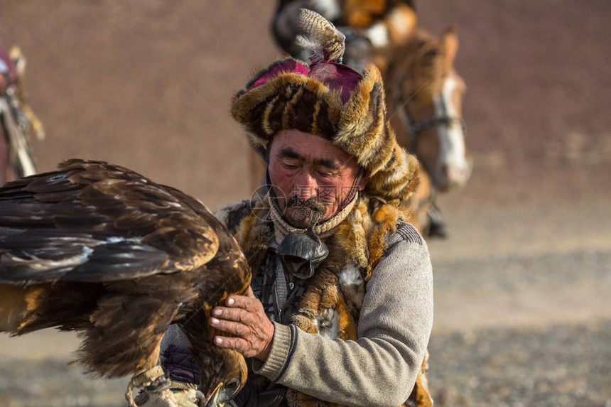Berkutchi猎人在巴扬奥尔吉山丘用一只金鹰在他的手臂图片
